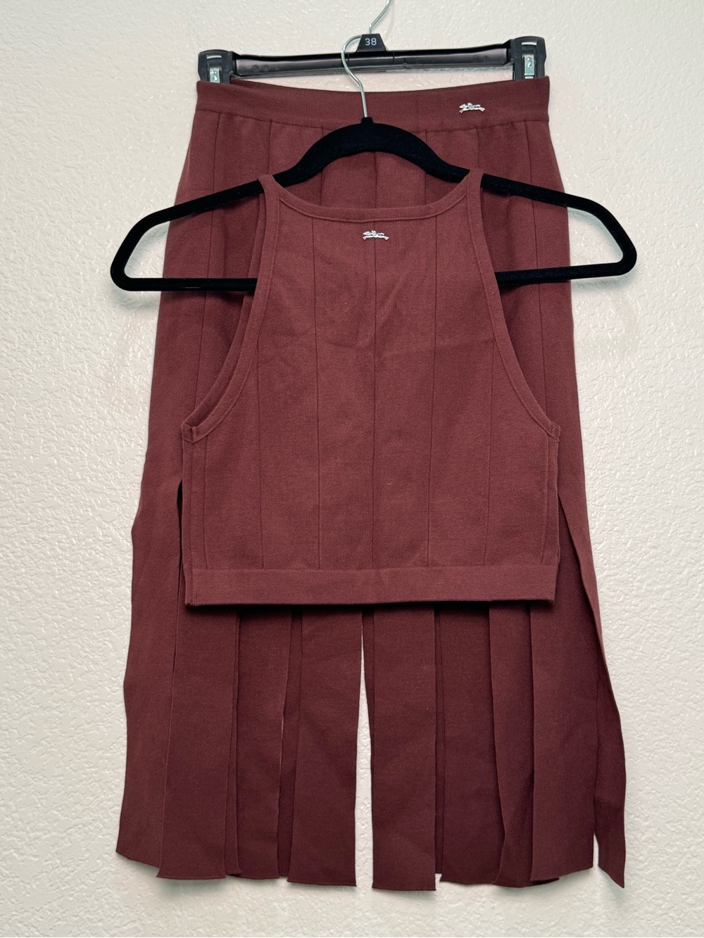 Longchamp SS26 Knit 2 Piece Set S Burgundy Crop Top Fringe Midi Skirt Italy - Picture 2 of 15